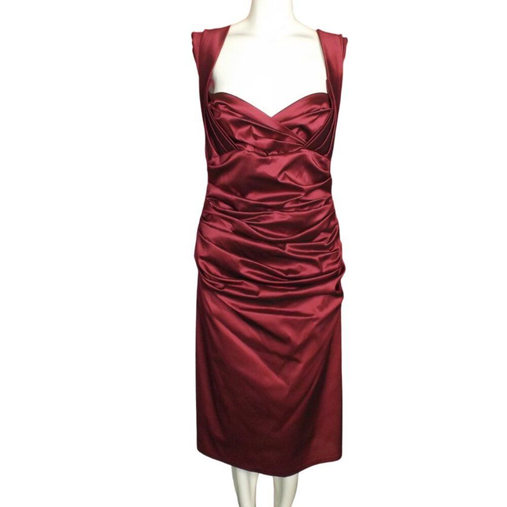 TALBOT RUNHOF Dress, 12/42, Burgundy Stretch Taffeta, Wide Straps, Ruched Zipper - Picture 9 of 13